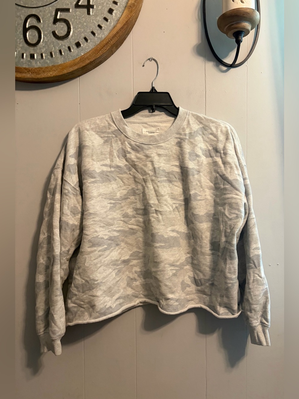 American Eagle Outfitters Light Gray Camo Crewneck Sweater